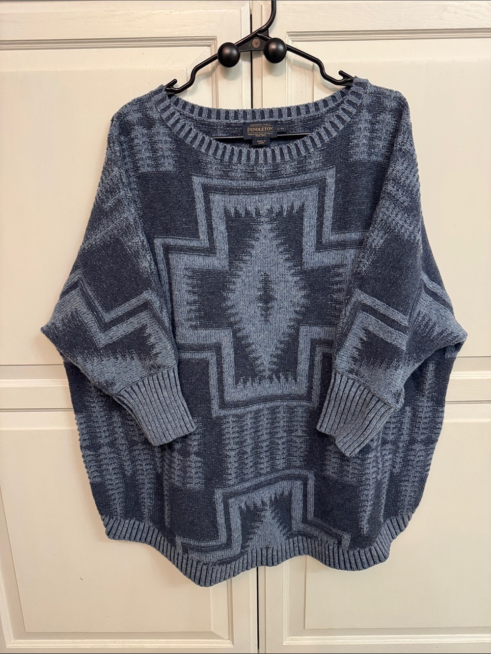 Pendleton Wool Blue Geometric Crewneck Sweater 3/4 sleeve size L-XL